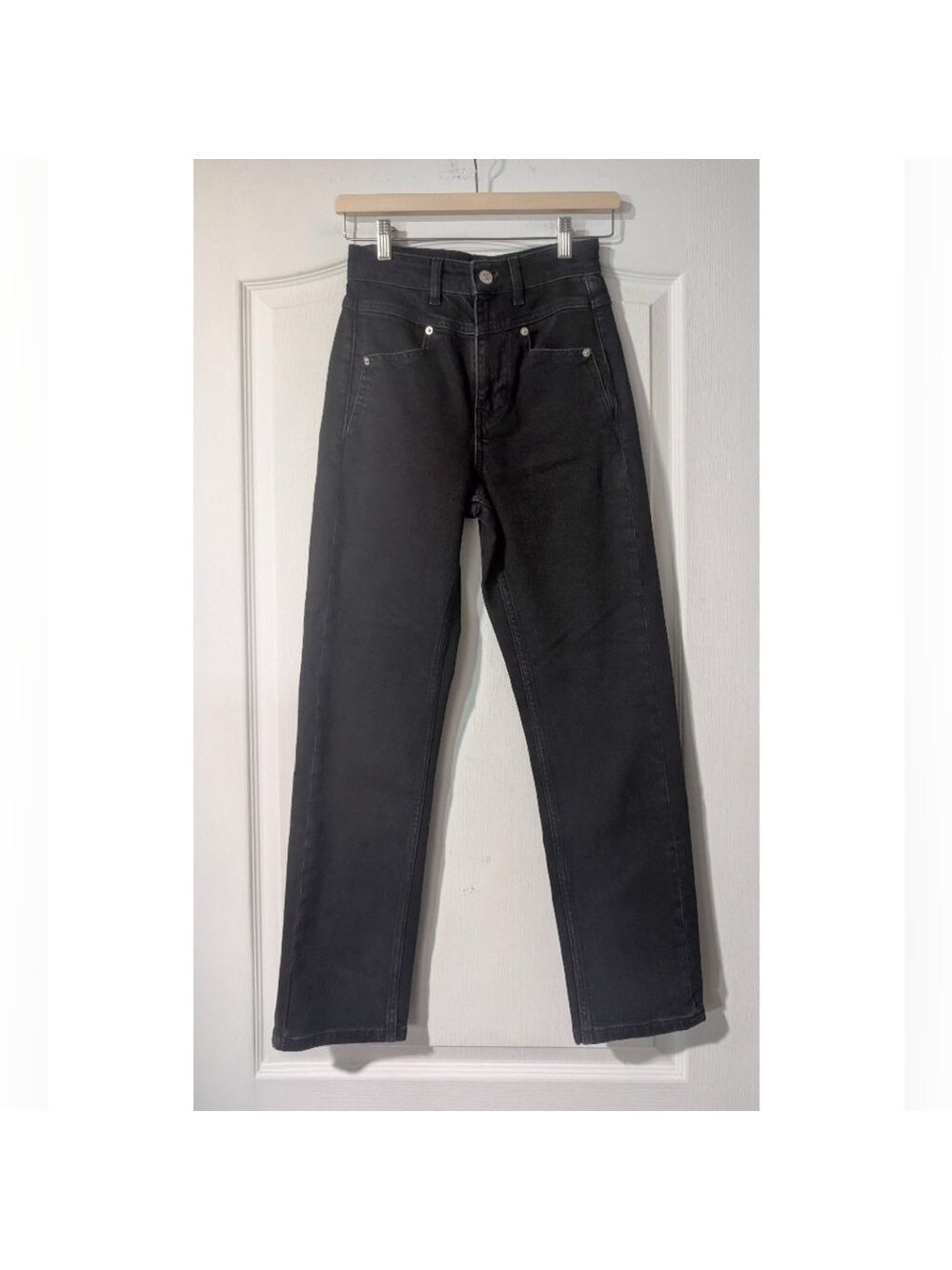 Maje | High-Waisted Straight Leg Patch Pocket Faded Black Jeans